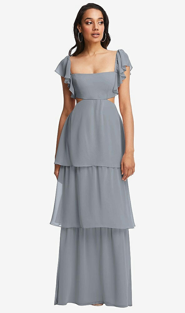 Front View - Platinum Flutter Sleeve Cutout Tie-Back Maxi Dress with Tiered Ruffle Skirt