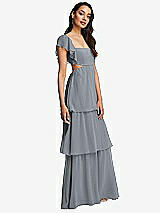 Side View Thumbnail - Platinum Flutter Sleeve Cutout Tie-Back Maxi Dress with Tiered Ruffle Skirt