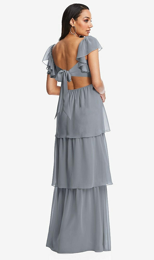 Back View - Platinum Flutter Sleeve Cutout Tie-Back Maxi Dress with Tiered Ruffle Skirt