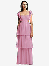 Front View Thumbnail - Powder Pink Flutter Sleeve Cutout Tie-Back Maxi Dress with Tiered Ruffle Skirt