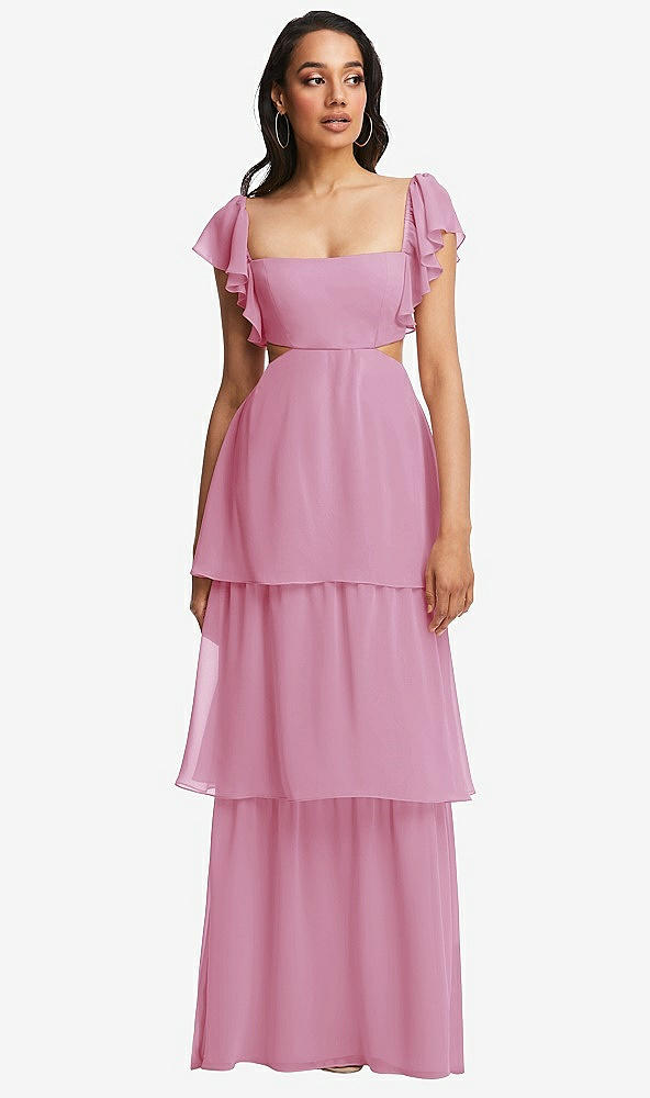 Front View - Powder Pink Flutter Sleeve Cutout Tie-Back Maxi Dress with Tiered Ruffle Skirt