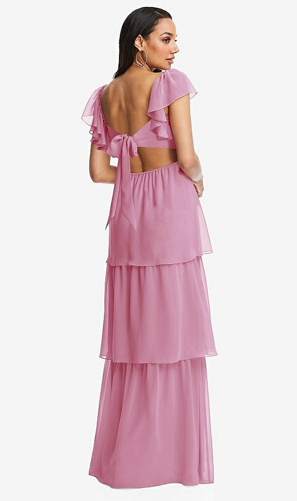 Back View - Powder Pink Flutter Sleeve Cutout Tie-Back Maxi Dress with Tiered Ruffle Skirt