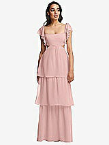 Front View Thumbnail - Rose - PANTONE Rose Quartz Flutter Sleeve Cutout Tie-Back Maxi Dress with Tiered Ruffle Skirt