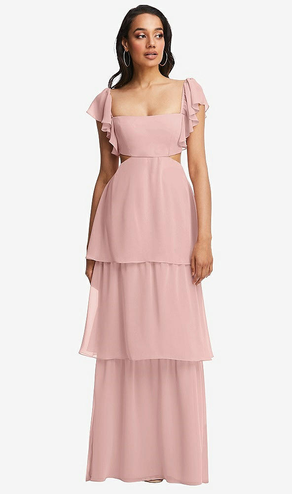 Front View - Rose - PANTONE Rose Quartz Flutter Sleeve Cutout Tie-Back Maxi Dress with Tiered Ruffle Skirt