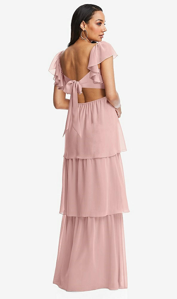 Back View - Rose - PANTONE Rose Quartz Flutter Sleeve Cutout Tie-Back Maxi Dress with Tiered Ruffle Skirt