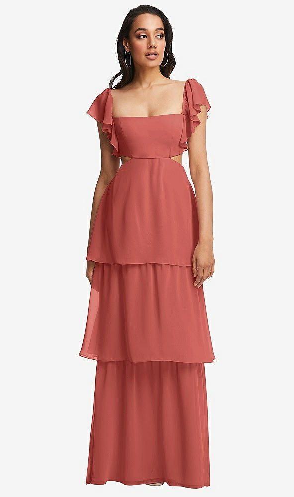 Front View - Coral Pink Flutter Sleeve Cutout Tie-Back Maxi Dress with Tiered Ruffle Skirt