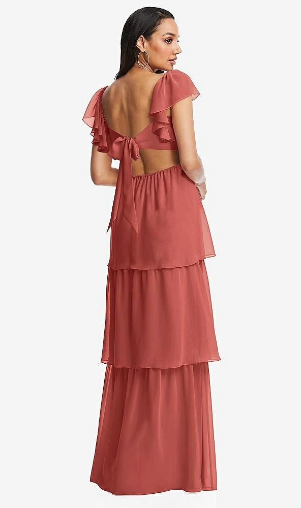 Back View - Coral Pink Flutter Sleeve Cutout Tie-Back Maxi Dress with Tiered Ruffle Skirt