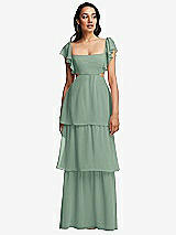 Front View Thumbnail - Seagrass Flutter Sleeve Cutout Tie-Back Maxi Dress with Tiered Ruffle Skirt