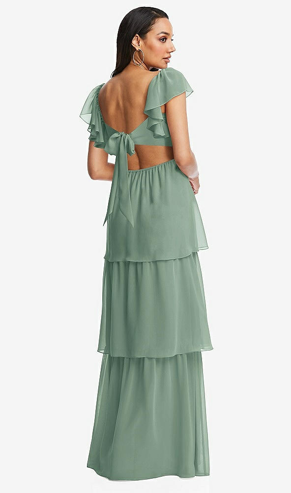 Back View - Seagrass Flutter Sleeve Cutout Tie-Back Maxi Dress with Tiered Ruffle Skirt
