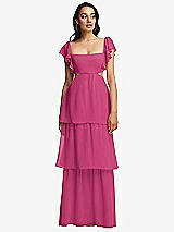 Front View Thumbnail - Tea Rose Flutter Sleeve Cutout Tie-Back Maxi Dress with Tiered Ruffle Skirt
