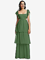 Front View Thumbnail - Vineyard Green Flutter Sleeve Cutout Tie-Back Maxi Dress with Tiered Ruffle Skirt