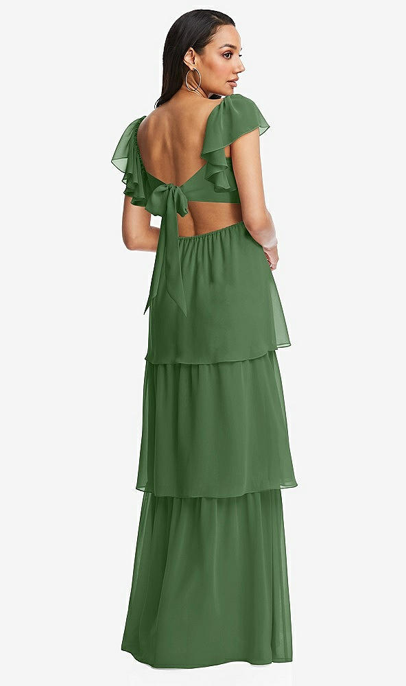 Back View - Vineyard Green Flutter Sleeve Cutout Tie-Back Maxi Dress with Tiered Ruffle Skirt