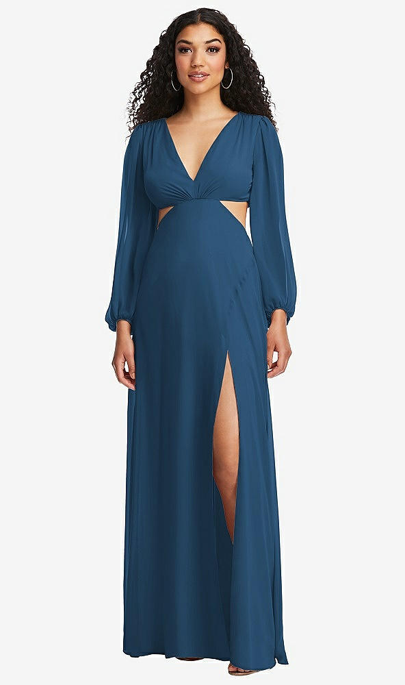 Front View - Dusk Blue Long Puff Sleeve Cutout Waist Chiffon Maxi Dress 