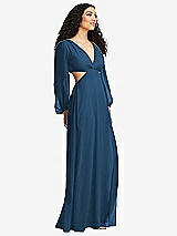 Side View Thumbnail - Dusk Blue Long Puff Sleeve Cutout Waist Chiffon Maxi Dress 