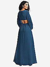 Rear View Thumbnail - Dusk Blue Long Puff Sleeve Cutout Waist Chiffon Maxi Dress 