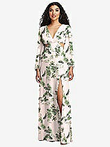 Front View Thumbnail - Palm Beach Print Long Puff Sleeve Cutout Waist Chiffon Maxi Dress 