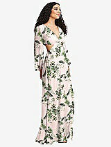 Side View Thumbnail - Palm Beach Print Long Puff Sleeve Cutout Waist Chiffon Maxi Dress 