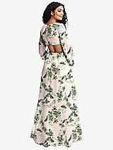 Rear View Thumbnail - Palm Beach Print Long Puff Sleeve Cutout Waist Chiffon Maxi Dress 