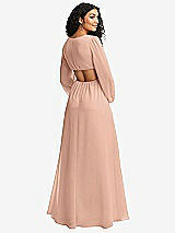 Rear View Thumbnail - Pale Peach Long Puff Sleeve Cutout Waist Chiffon Maxi Dress 
