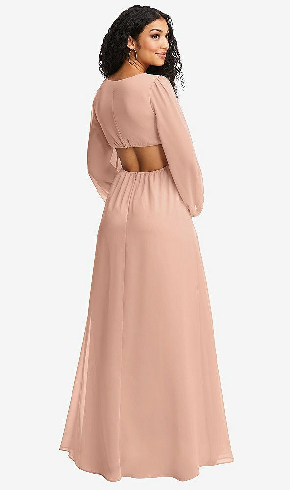 Back View - Pale Peach Long Puff Sleeve Cutout Waist Chiffon Maxi Dress 