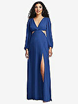 Front View Thumbnail - Classic Blue Long Puff Sleeve Cutout Waist Chiffon Maxi Dress 
