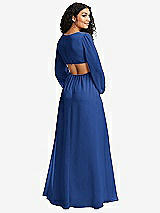 Rear View Thumbnail - Classic Blue Long Puff Sleeve Cutout Waist Chiffon Maxi Dress 