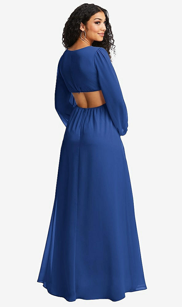 Back View - Classic Blue Long Puff Sleeve Cutout Waist Chiffon Maxi Dress 