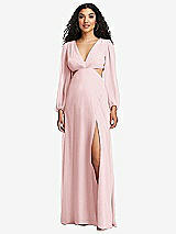 Front View Thumbnail - Ballet Pink Long Puff Sleeve Cutout Waist Chiffon Maxi Dress 