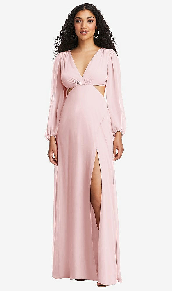 Front View - Ballet Pink Long Puff Sleeve Cutout Waist Chiffon Maxi Dress 