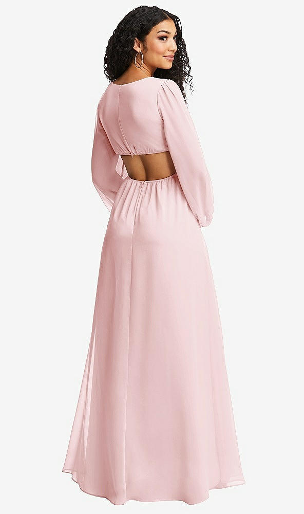 Back View - Ballet Pink Long Puff Sleeve Cutout Waist Chiffon Maxi Dress 