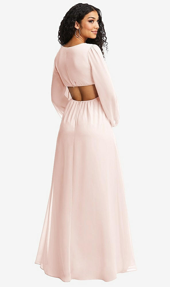 Back View - Blush Long Puff Sleeve Cutout Waist Chiffon Maxi Dress 