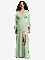 Front View Thumbnail - Celadon Long Puff Sleeve Cutout Waist Chiffon Maxi Dress 