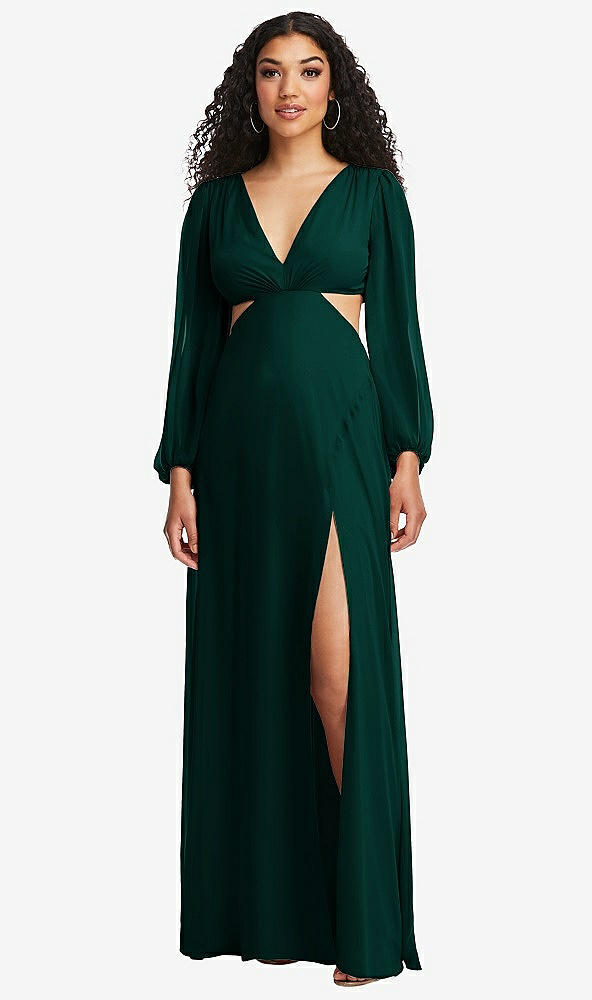 Front View - Evergreen Long Puff Sleeve Cutout Waist Chiffon Maxi Dress 