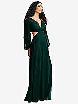 Side View Thumbnail - Evergreen Long Puff Sleeve Cutout Waist Chiffon Maxi Dress 