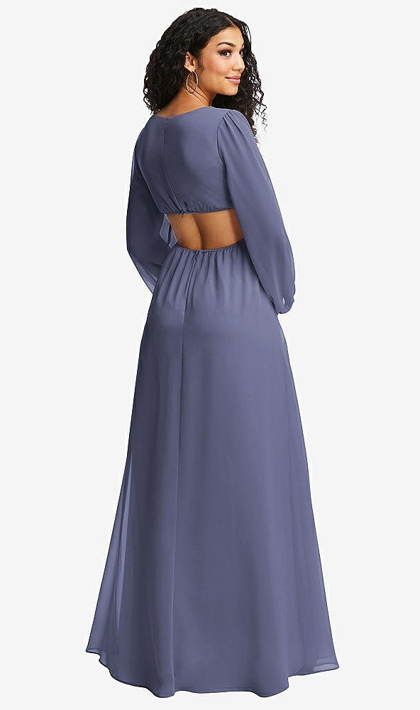 Back View - French Blue Long Puff Sleeve Cutout Waist Chiffon Maxi Dress 