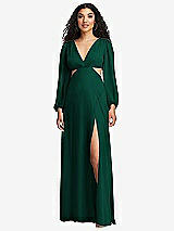 Front View Thumbnail - Hunter Green Long Puff Sleeve Cutout Waist Chiffon Maxi Dress 