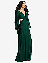 Side View Thumbnail - Hunter Green Long Puff Sleeve Cutout Waist Chiffon Maxi Dress 