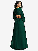 Rear View Thumbnail - Hunter Green Long Puff Sleeve Cutout Waist Chiffon Maxi Dress 