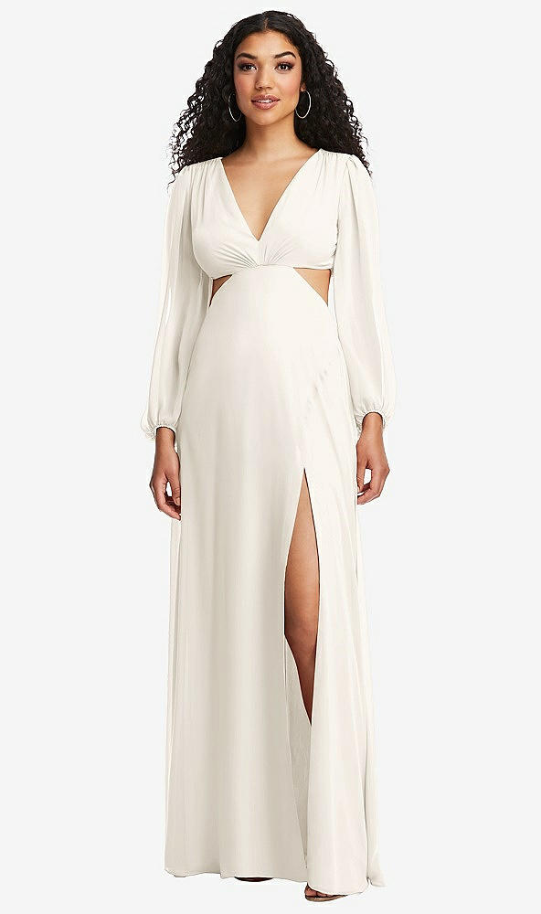 Front View - Ivory Long Puff Sleeve Cutout Waist Chiffon Maxi Dress 