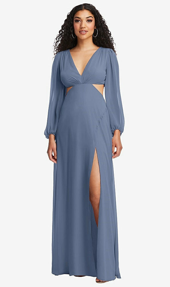 Front View - Larkspur Blue Long Puff Sleeve Cutout Waist Chiffon Maxi Dress 