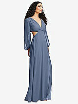 Side View Thumbnail - Larkspur Blue Long Puff Sleeve Cutout Waist Chiffon Maxi Dress 