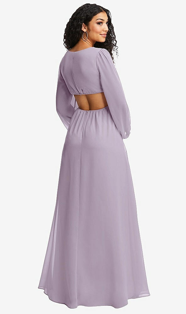 Back View - Lilac Haze Long Puff Sleeve Cutout Waist Chiffon Maxi Dress 