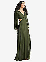 Side View Thumbnail - Olive Green Long Puff Sleeve Cutout Waist Chiffon Maxi Dress 