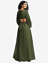 Rear View Thumbnail - Olive Green Long Puff Sleeve Cutout Waist Chiffon Maxi Dress 
