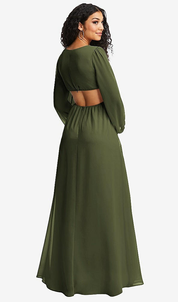 Back View - Olive Green Long Puff Sleeve Cutout Waist Chiffon Maxi Dress 