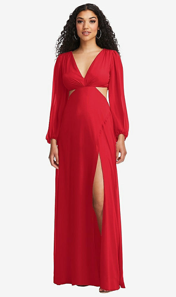 Front View - Parisian Red Long Puff Sleeve Cutout Waist Chiffon Maxi Dress 