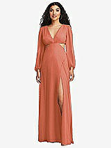 Front View Thumbnail - Terracotta Copper Long Puff Sleeve Cutout Waist Chiffon Maxi Dress 