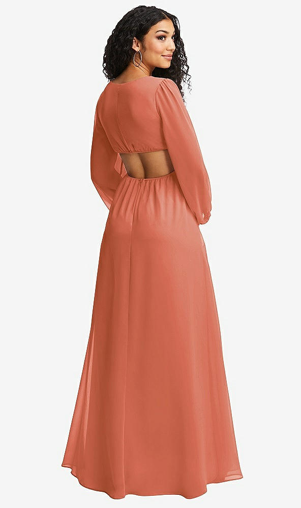 Back View - Terracotta Copper Long Puff Sleeve Cutout Waist Chiffon Maxi Dress 