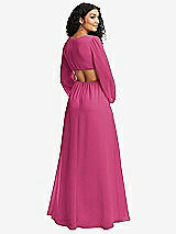 Rear View Thumbnail - Tea Rose Long Puff Sleeve Cutout Waist Chiffon Maxi Dress 
