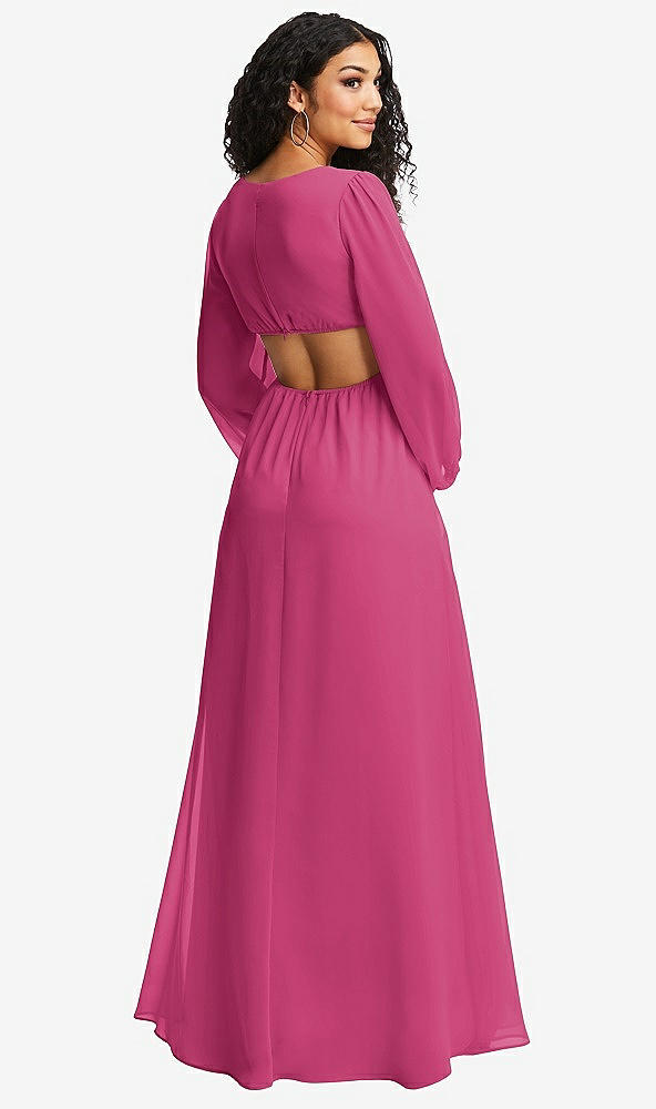 Back View - Tea Rose Long Puff Sleeve Cutout Waist Chiffon Maxi Dress 